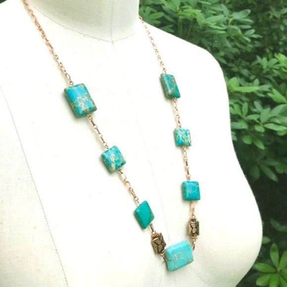 Long Turquoise Blue Semi Precious Gemstone Copper - Picture 1 of 6